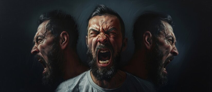 In a dark event, a bearded man with disfigurement on his flesh is passionately screaming, sharing his art like a fictional character in distress