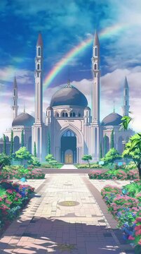 mosque with garden in front yard with blue sky background anime background illustration loop animation