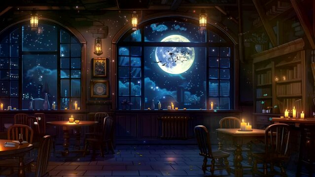 Living room at night with moon and lantern. Seamless looping 4k time-lapse video animation background