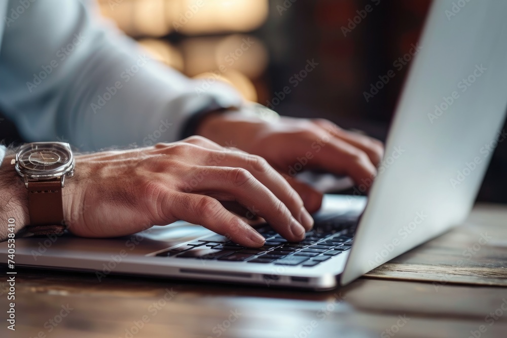 Poster a close-up shot capturing the precise movements of a person as they type rapidly on the keyboard of 