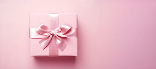 Gift box with ribbon bow levitating on pastel pink background. Present box. Happy Women's Day, Valentine's Day, Mother's Day, birthday, wedding. Greeting card or banner with copy space. Flat lay