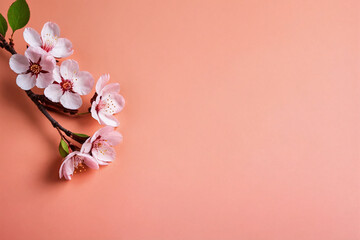 Floral banner. Sakura flowers blossoms on peach pink background. Springtime composition with copy space