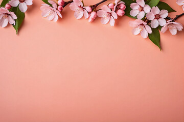 Fototapeta na wymiar Floral banner. Sakura flowers blossoms on peach pink background. Springtime composition with copy space