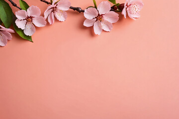 Fototapeta na wymiar Floral banner. Sakura flowers blossoms on peach pink background. Springtime composition with copy space