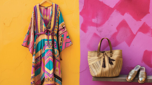 A vibrant caftan dress with geometric patterns and tel details paired with metallic gladiator sandals and a straw tote bag. This look is perfect for browsing through colorful