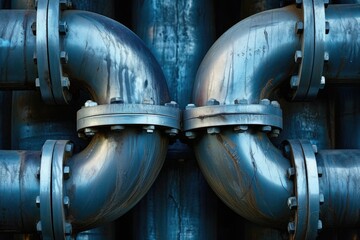 This close-up photo captures the intricate network of metal pipes in an industrial environment, Close-up view of intertwining industrial pipelines, AI Generated