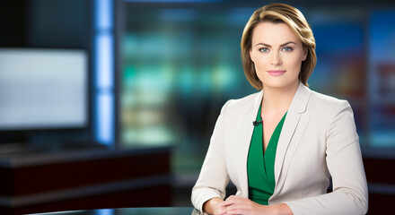 News, reporter woman in tv studio broadcast presenter reporting daily news at television channel.
