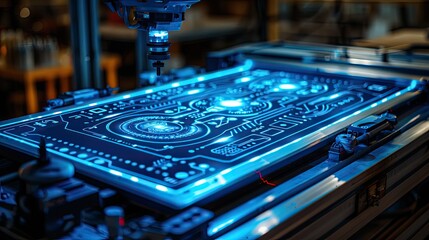 matrix code core futuristic silkscreen printing technology in the style of edo period wooden block print art employing use of electric neon AI fabric printing technology capable of UV holography, cyan