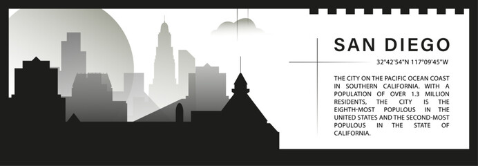 US San Diego city skyline vector banner, black and white minimalistic cityscape silhouette. USA California state horizontal graphic, travel infographic, monochrome layout for website