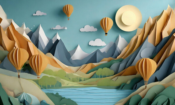Summer mountain landscape. hot air balloons, Nature, mountains, clouds and birds. Paper cut out art digital craft style.