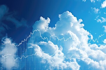 A clear blue sky with fluffy clouds displayed alongside a line graph depicting data over a cityscape background, Clouds forming the shape of financial graphs in the sky, AI Generated