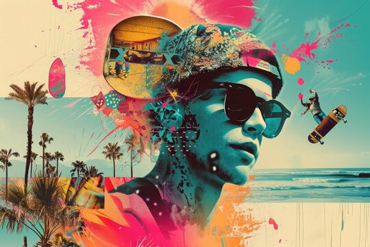 A collection of images featuring a man wearing sunglasses and a hat, Collage of iconic symbols representing youth and fun like music festivals, beach parties, and skateboarding, AI Generated