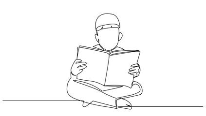 continuous line drawing of a sitting Muslim boy reading a book, for a Ramadan holiday vector illustration