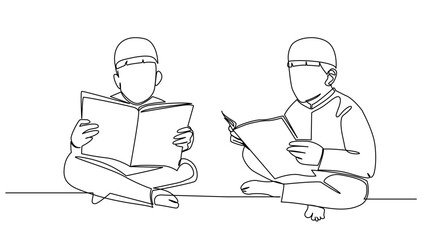 continuous line drawing of a two Muslim boy reading the book, for illustration of Ramadan holiday vector