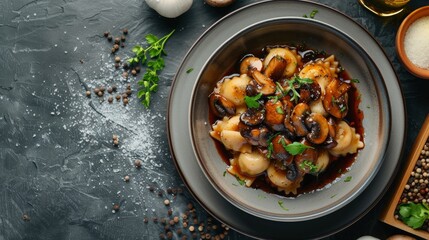 Delicious ravioli with mushrooms served on grey table closeup  