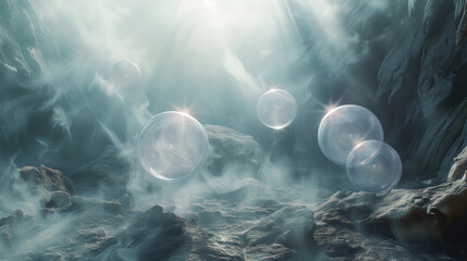 Translucent spheres refracting light in a smoky, high-definition environment