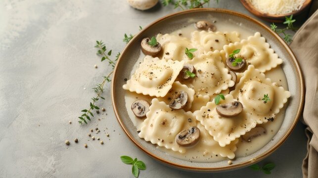 Delicious ravioli with mushrooms served on grey table closeup    