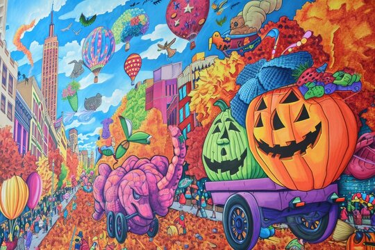 A detailed painting depicting a festive Halloween scene filled with pumpkins and colorful balloons, Colorful and detailed drawing of Thanksgiving Day parade with balloon floats, AI Generated