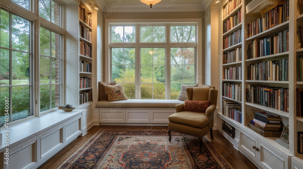 Poster a dreamy library with walltowall bookshelves and a comfortable window seat overlooking a tranquil ga