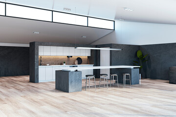 Modern kitchen interior with furniture and appliances. Luxury designs concept. 3D Rendering.