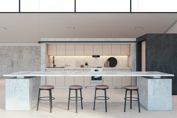 Bright concrete kitchen interior with furniture and appliances. Luxury designs concept. 3D Rendering.
