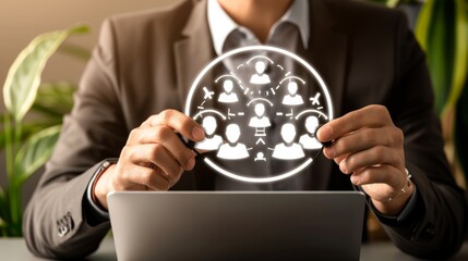 Businessman with virtual social network interface above laptop