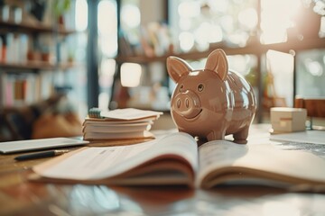 Ceramic piggy bank on desk with open book, sunny library backdrop