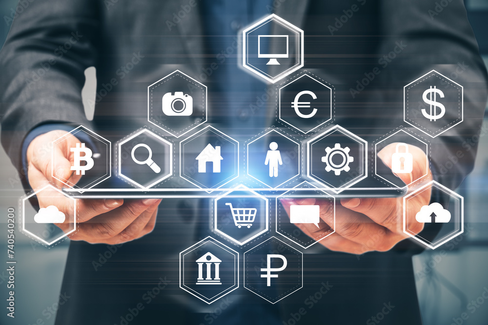 Aufkleber close up of businessman hands holding tablet with abstract hexagonal pattern hologram with various b