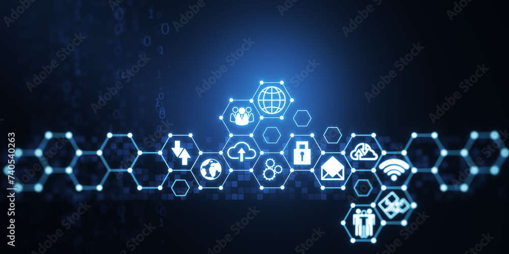 Poster Creative digital hexagonal pattern with various business icons on dark background. Digital dashboard and data concept. 3D Rendering.