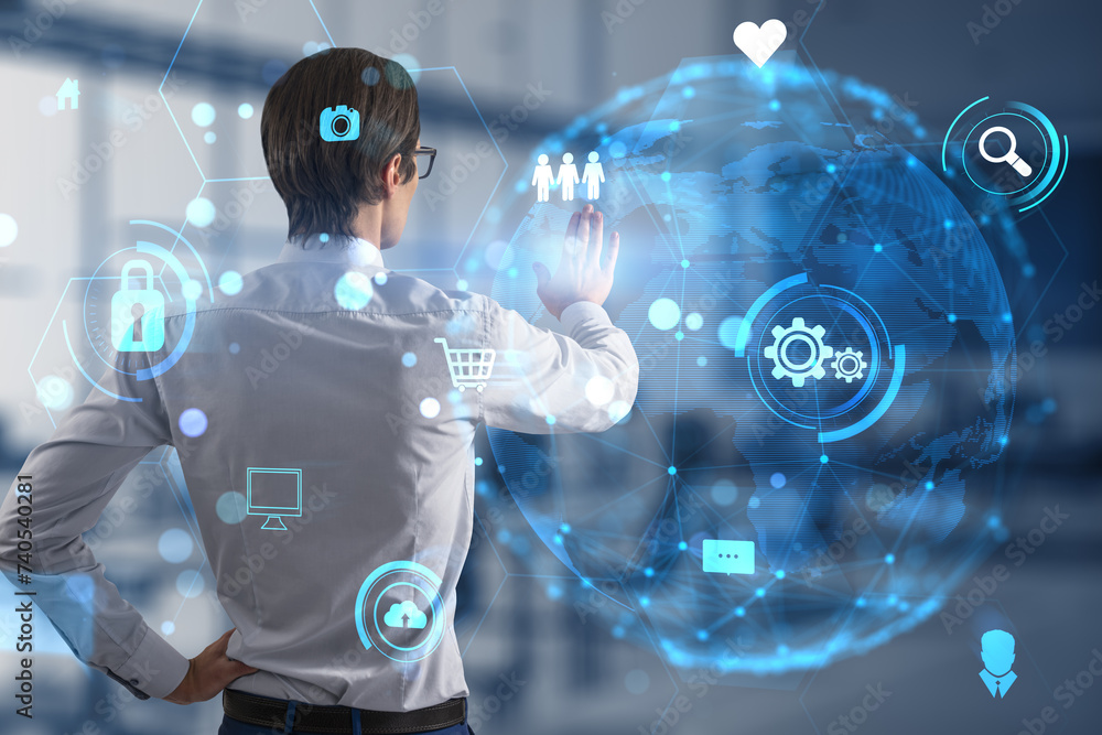 Poster man interacting with futuristic global network interface, business technology and communication conc