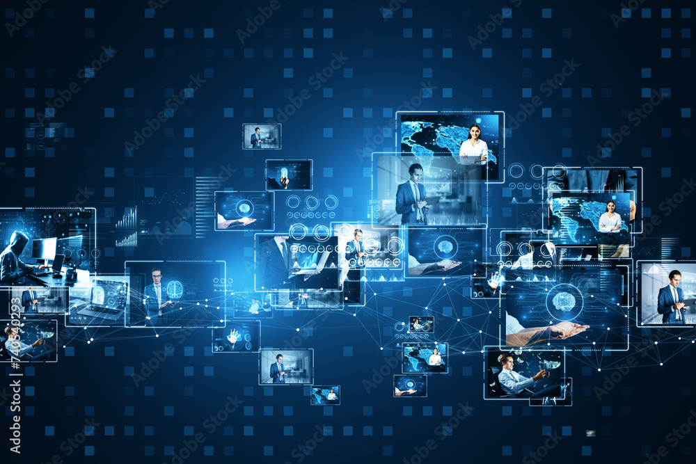 Poster network of digital screens displaying professionals in technology and media on a dynamic blue backgr