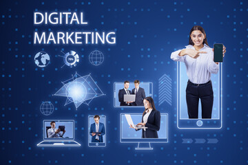 Collage of digital marketing professionals and icons on a dynamic blue background