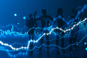 Group of businesspeople silhouettes with glowing and growing business chart on blurry blue grid background. Financial growth, trade and stock concept.
