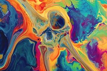 An abstract painting featuring vibrant colors and flowing patterns created with fluid paint, Colorful depiction of a recovering fractured hip, AI Generated