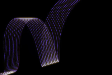 Violet glow neon wave of light with dotted stripes on black background. Abstract background with flowing line in motion, light painting in vapor wave style.