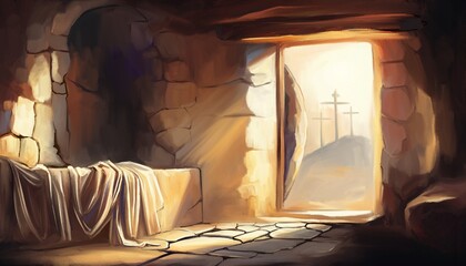 Easter Jesus Christ rose from the dead. Sunday morning. Dawn. The empty tomb in the background of the crucifixion. Happy easter. Christian symbol of faith, art illustration painted oil style