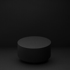 Soaring black round podium, mockup on black background with shadow, square. Template for presentation cosmetic products, gifts, goods, advertising, design, display, showing in exquisite modern style.