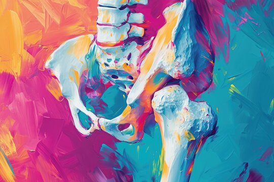 A depiction of a skeletal figure grasping a tennis racquet in a bold and striking painting, Colorful depiction of a recovering fractured hip, AI Generated
