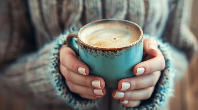 Hands Holding a Steaming Cup of Coffee on a Cozy Winter Morning   