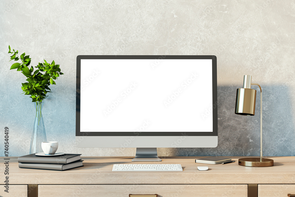 Poster contemporary designer desktop with empty white computer monitor, lamp, supplies and other items. con