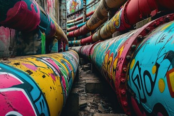 Fototapeta na wymiar A bunch of colorful pipes are positioned next to each other, forming an eye-catching cluster, Colorful graffiti art on industrial pipelines, AI Generated