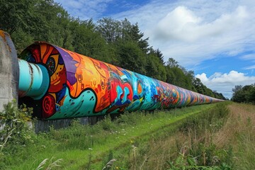 A vibrant large pipe displaying colorful images stands prominently by the side of a road, Colorful...