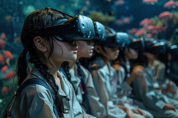 Many children watch virtual reality videos. in the form of Realistic underwater life.