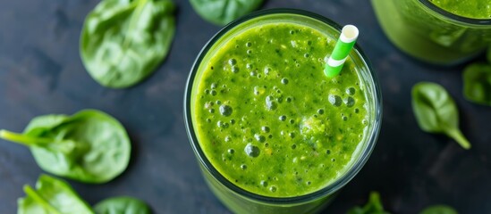 A nutritious green smoothie topped with a green straw served in a glass, surrounded by vibrant spinach leaves, highlighting the fresh plantbased ingredients - Powered by Adobe