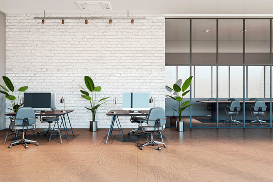 Modern brick, glass and wooden coworking office area with furniture and equipment. No people. 3D Rendering.