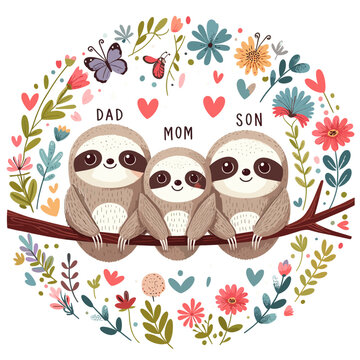 Cute Cartoon Wild Sloth Family Lover, Dad Mom Son Daughter, 
Vector poster for children, Father, Father Day, Mother Day, Happy valentine, Vector svg, 
isolate on Transparent Background