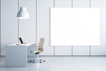 Modern office with white desk, chair and empty billboard on wall. Advertising mockup. 3D Rendering