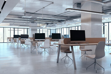 Bright coworking office interior with panoramic windows and city view, furniture, equipment and decorative items. 3D Rendering.