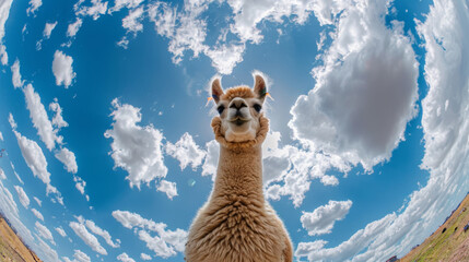 Bottom view of a alpaca against the sky. An unusual look at animals. Animal looking at camera