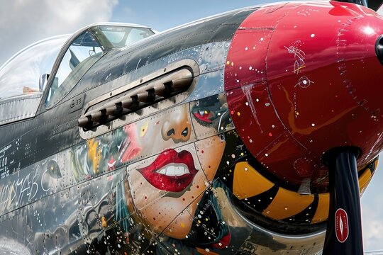 A detailed view of the nose section of an airplane, showcasing its distinctive features and design, Colorful nose art on a vintage World War II fighter plane, AI Generated